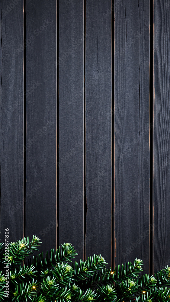 dark wooden background with evergreen branches lights dark wooden background with evergreen branches lights