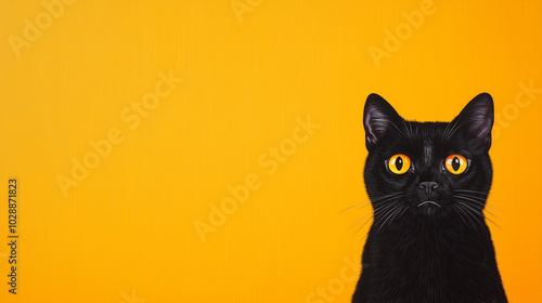 Pop Art Black Cat Hissing on Vibrant Orange Canvas This artwork captures the wild expression of a hissing black cat in pop art style. The bright orange background contrasts sharply