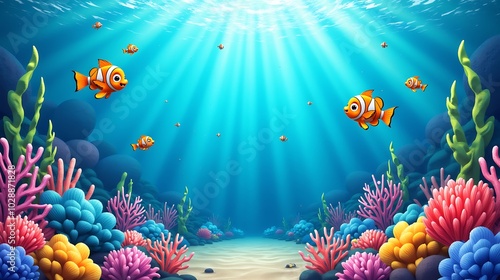 Kid's fantasy underwater background featuring colorful fish and corals for playful designs