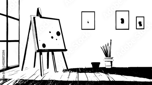 Art set with brushes and paints on easel in sunlit room, illustration art