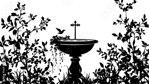 Baptismal font filled with holy water surrounded by evergreen branches, illustration
