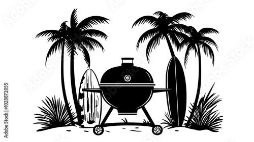 Australian barbecue setup on beach with surfboards in background, illustration art