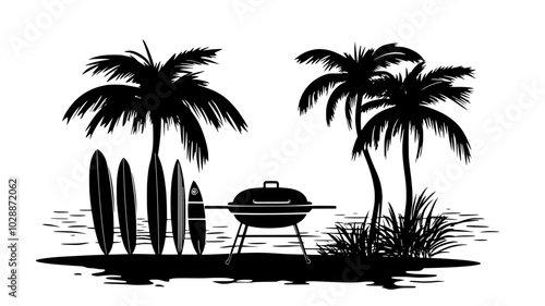 Australian barbecue setup on beach with surfboards in background, illustration