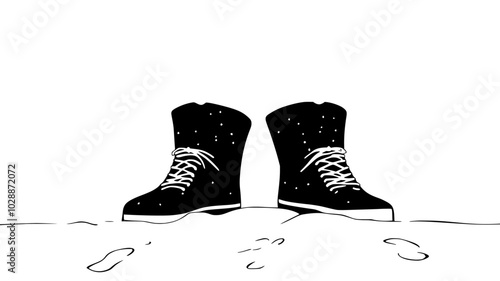 Boots leaving footprints in fresh snow on rooftop, illustration