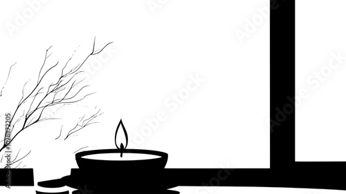 Candle burning in a window sill next to a bowl of milk, illustration art