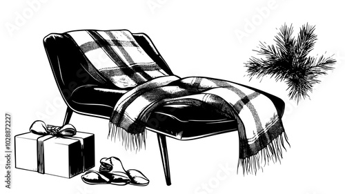 Cashmere throw folded on chaise lounge with gift box nearby, illustration art