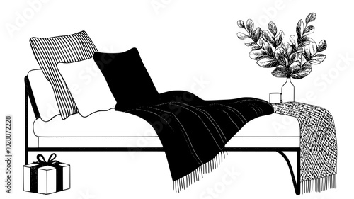 Cashmere throw folded on chaise lounge with gift box nearby, illustration
