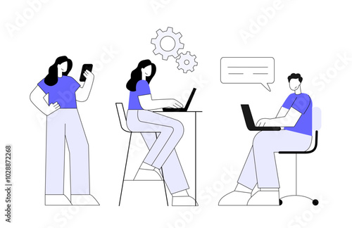 Man and woman sitting in front of laptop working. Flat vector illustration.