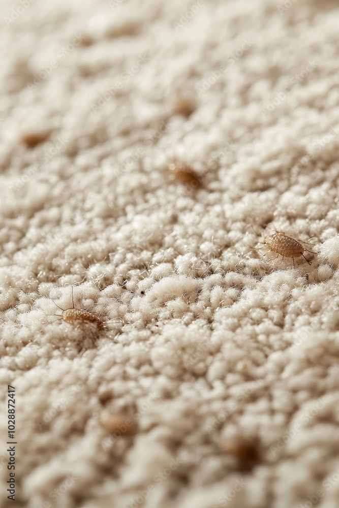 Close-Up of Carpet with Small Insects Crawling on Soft Fibers in a Home Environment Close-Up of Carpet with Small Insects Crawling on Soft Fibers in a Home Environment