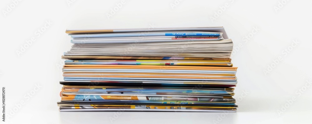 Stack of magazines on white background, 4K hyperrealistic photo Stack of magazines on white background, 4K hyperrealistic photo