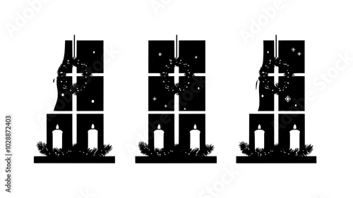 Candles in window sills with wreaths hanging outside each pane, illustration art