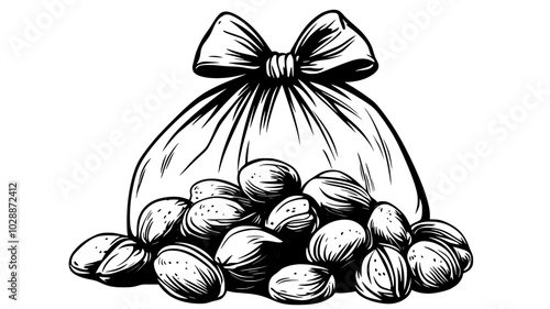 Cellophane bag of spiced nuts tied with a ribbon, illustration