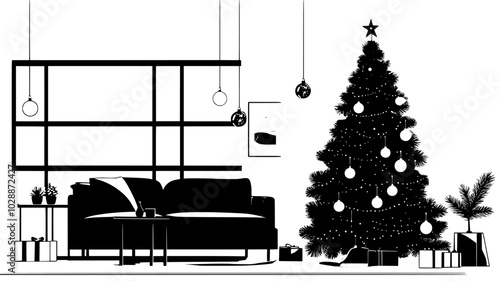 Christmas tree with glass ornaments and tinsel in the living room, illustration