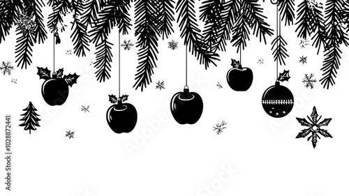 Christmas tree branches hung with apple ornaments and tinsel, illustration art