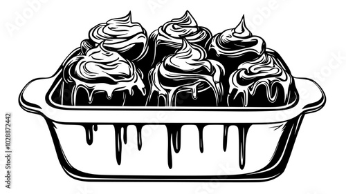 Cinnamon rolls in a baking dish with icing drizzle, illustration
