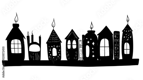 Ceramic houses with tea lights inside on bookshelf, illustration art