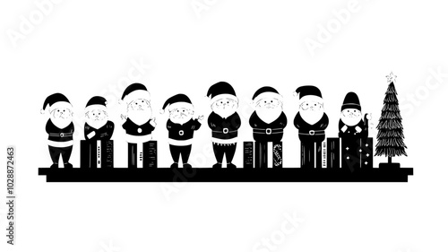 Collection of vintage Santa Claus figurines on a bookshelf, illustration