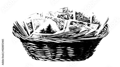 Collection of vintage Christmas cards in a wicker basket, illustration art