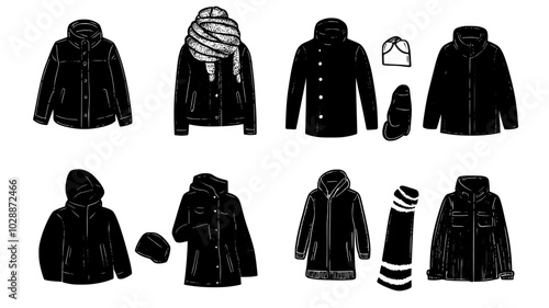 Collection of coats and warm clothing for winter clothing drive, illustration