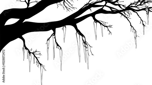 Cluster of glass icicles hanging from tree's highest point, illustration art