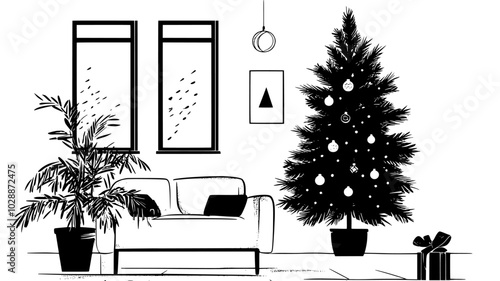Coniferous tree adorned with ornaments and lights in the living room corner, illustration