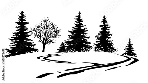 Cross-country ski trails groomed through a snowy forest, illustration