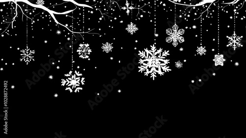 Crystal snowflakes catching light as they dangle from tree branches, illustration