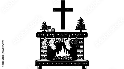 Crucifix hanging above fireplace mantel with Christmas stockings underneath, illustration art