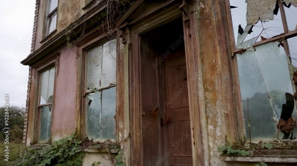 A slow pan of an old, abandoned house with creaking doors and broken windows. A slow pan of an old, abandoned house with creaking doors and broken windows.