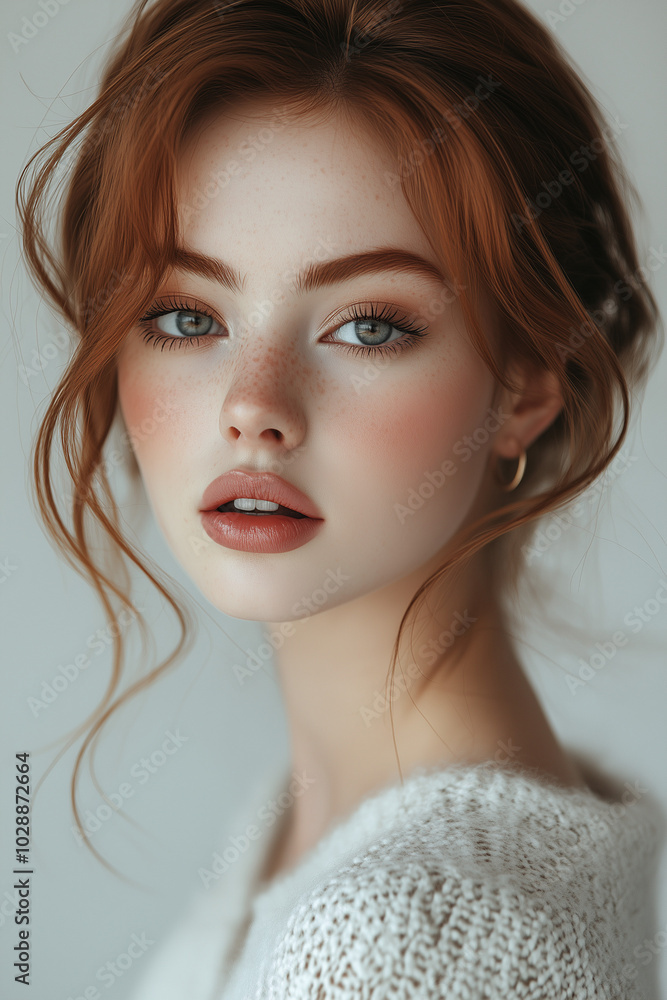 Portrait of a Scandinavian woman with red hair and beauty makeup