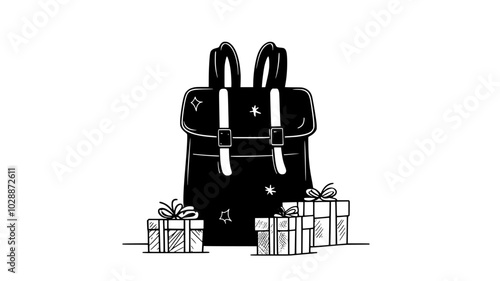 Elf-sized backpack filled with tiny wrapped presents, illustration art