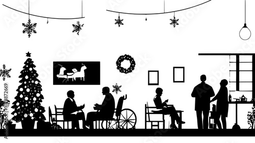 Elderly care facility common room decorated for holiday gathering, illustration art