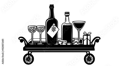 Etched glass decanter set on bar cart with gift tag, illustration art