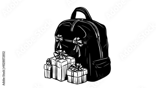 Elf-sized backpack filled with tiny wrapped presents, illustration