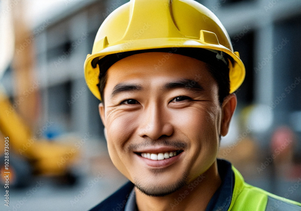 Close-up portrait of a smiling middle-aged male civil engineer wearing a yellow hard hat and reflective safety vest on a construction site. Engineer created with artificial intelligence. Close-up portrait of a smiling middle-aged male civil engineer wearing a yellow hard hat and reflective safety vest on a construction site. Engineer created with artificial intelligence.