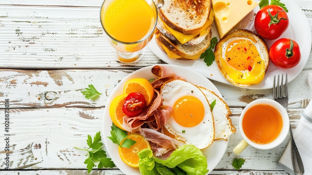 Different meals served for breakfast on wooden table, flat lay Different meals served for breakfast on wooden table, flat lay