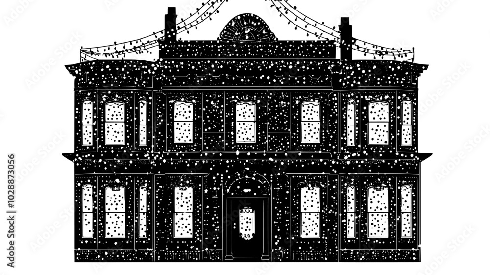 Fototapeta premium House facade covered in strings of lights forming intricate patterns, illustration art