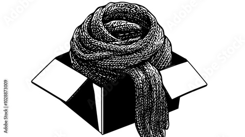 Hand-knitted scarf wrapped around a cardboard insert, illustration art