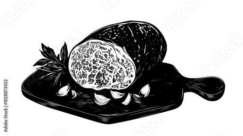 Ham studded with cloves on a carving board, illustration art