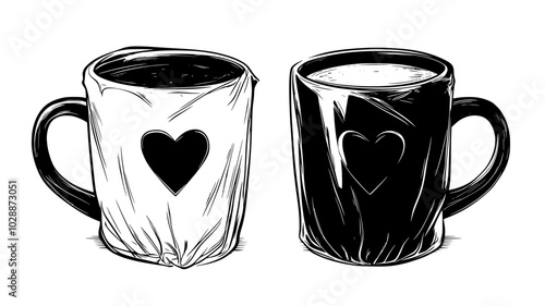 Hot cocoa mix in mugs wrapped in cellophane, illustration art