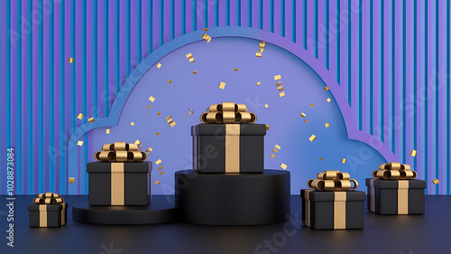 Stylish black gift boxes on tiered pedestals, gold ribbon accents, against a gradient purple backdrop.
