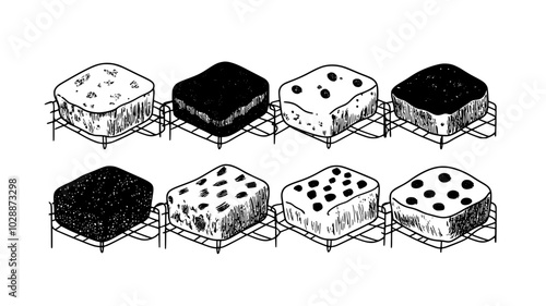 Loaves of fruitcake arranged on a wire cooling rack, illustration art