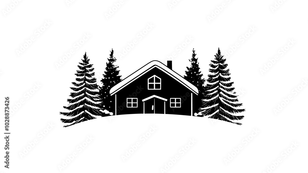 Mountain cabin surrounded by snow-covered pine trees, illustration art Mountain cabin surrounded by snow-covered pine trees, illustration art