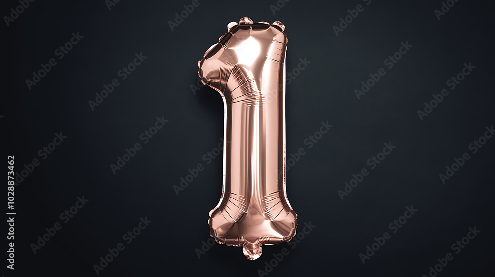 Rose gold foil balloon number one against a dark background.
Rose gold foil balloon number one against a dark background.
