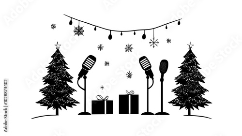 Microphones and speakers set up for outdoor caroling event, illustration art