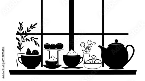 Minuscule tea party set up on windowsill with treats, illustration art