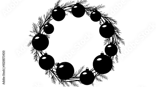 Metallic ornaments wired to a wire wreath frame, illustration art