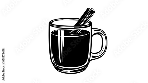 Mulled wine in a glass mug with a cinnamon stick, illustration art