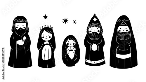 Nativity scene character costumes including robes and headpieces, illustration art