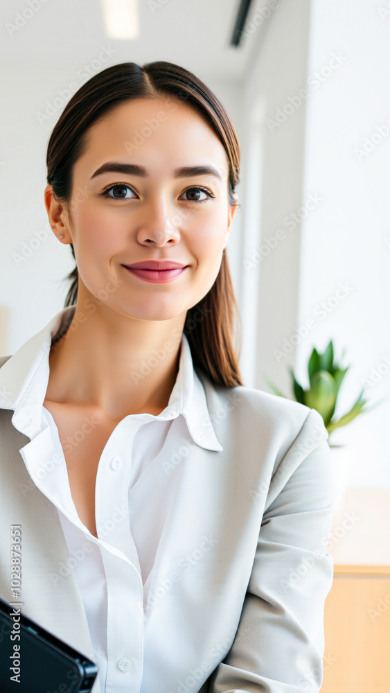 smiling businesswoman a white shirt gray blazer smiling businesswoman a white shirt gray blazer